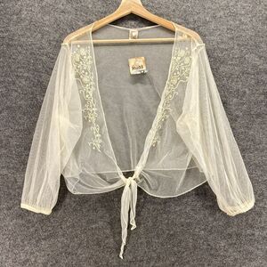 New Mudd Top Women XL Beige Floral Embroidered Sheer Tie Up V-Neck Long Sleeve
